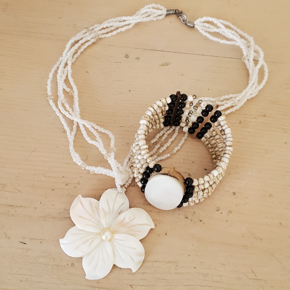 Beautiful Beachy Boho Surf Mother of Pearl Beaded Wide Cuff Bracelet & Necklace